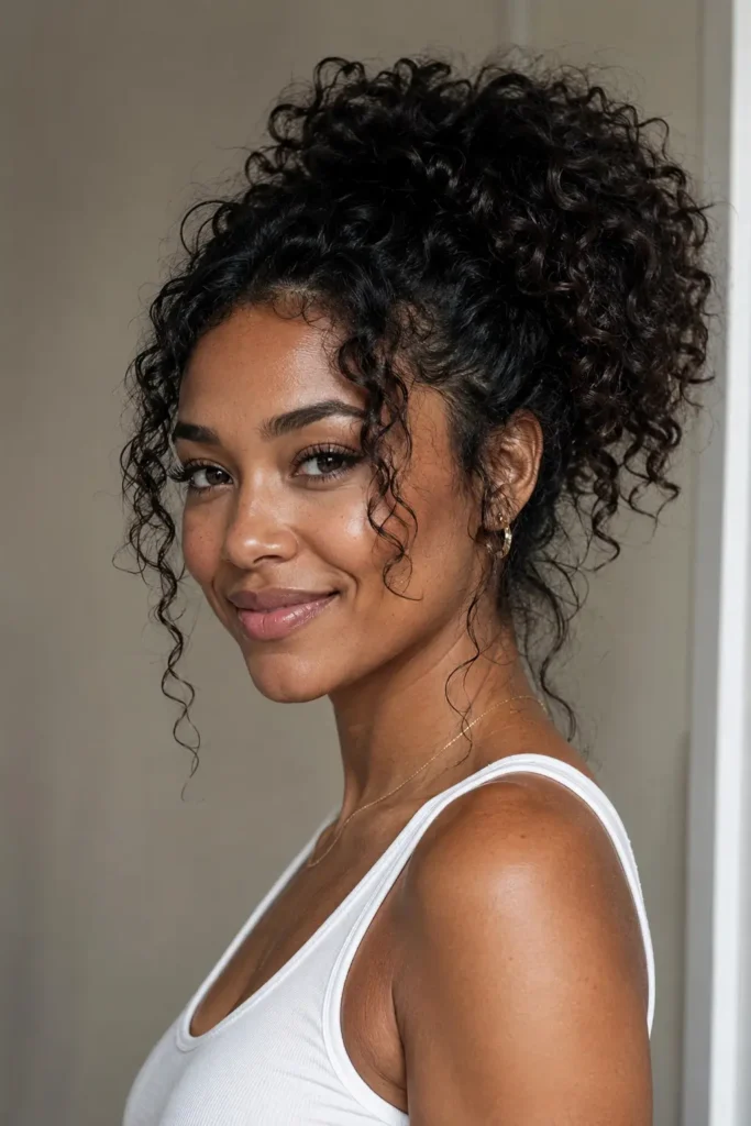 Black woman wearing a soft messy curly ponytail with naturally defined curls and loose face-framing tendrils, smiling warmly against a neutral background in a salon-quality editorial hairstyle portrait.