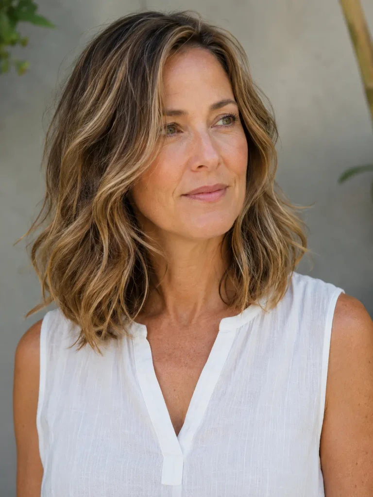 white woman in her 40s with shoulder-length soft wavy hair and face-framing layers, wearing a white linen sleeveless blouse in natural daylight.