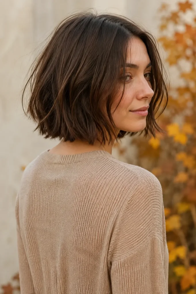 white woman with a chin-length textured brunette bob, subtle layers, and tousled ends, shown from a three-quarter rear view in a beige knit top against a warm autumn background.