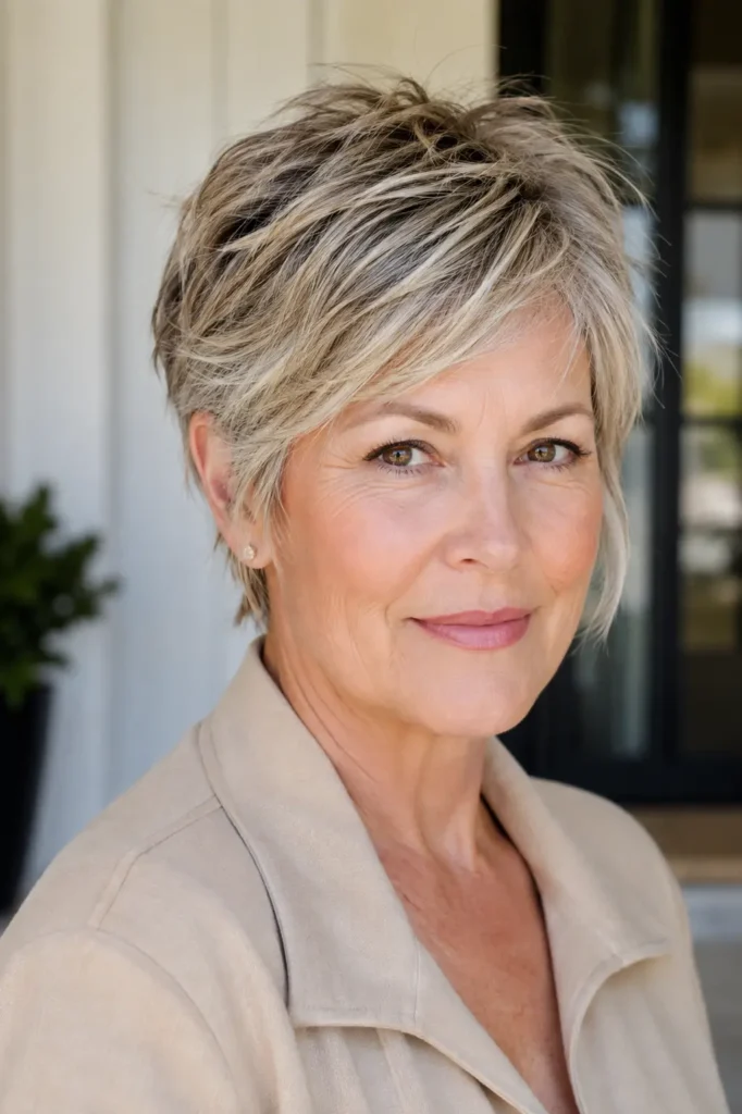 woman over 50 with a softly choppy gray-blonde pixie haircut, textured crown, tapered sides, and face-framing layers in a natural daylight portrait.