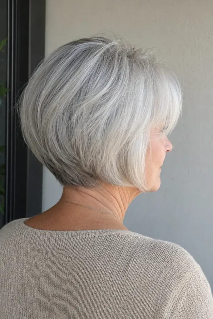 Silver-white softly graduated bob on an older woman, viewed from a three-quarter rear angle, showing shorter layered back sections transitioning into longer front pieces with natural crown fullness.
