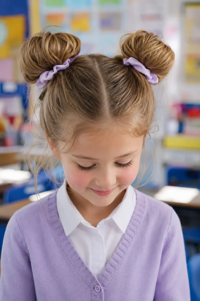 Young girl with two symmetrical space buns secured by pastel scrunchies, a neat center part, and wispy baby hairs, wearing a lavender cardigan over a white school shirt in a bright, softly blurred classroom.