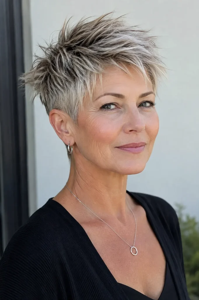 Mature white woman with a sophisticated edgy silver-blonde spiky pixie haircut and tapered sides, shown in a three-quarter portrait.