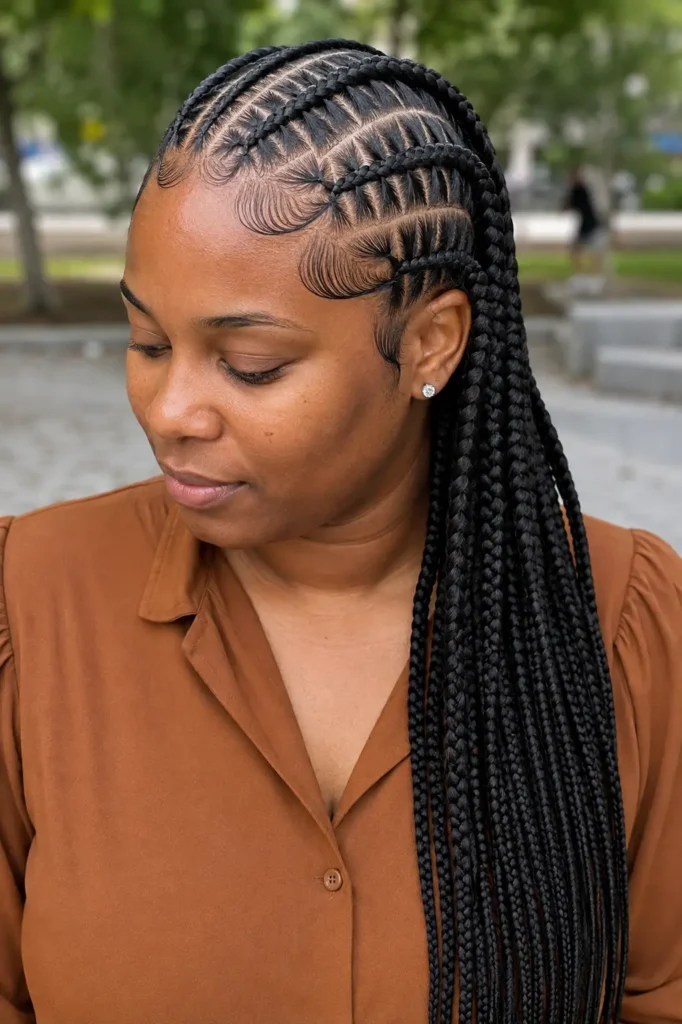 Close-up of a real Black woman wearing stitch lemonade braids with sharp feed-in cornrows, sleek edges, and long braids draped over one shoulder in natural daylight with a blurred park background.