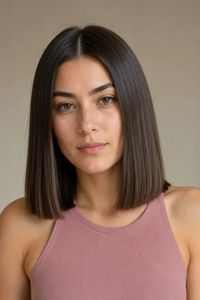  Blunt straight shoulder-length haircut with a center part