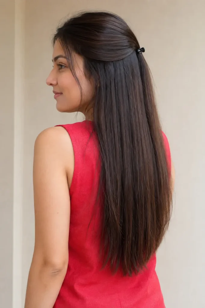 Long straight hair styled in a sleek half-up hairstyle