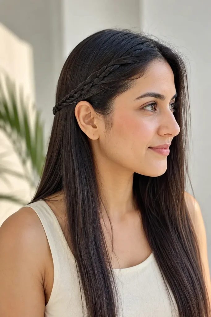 Long straight hair with a small braided accent near the temple