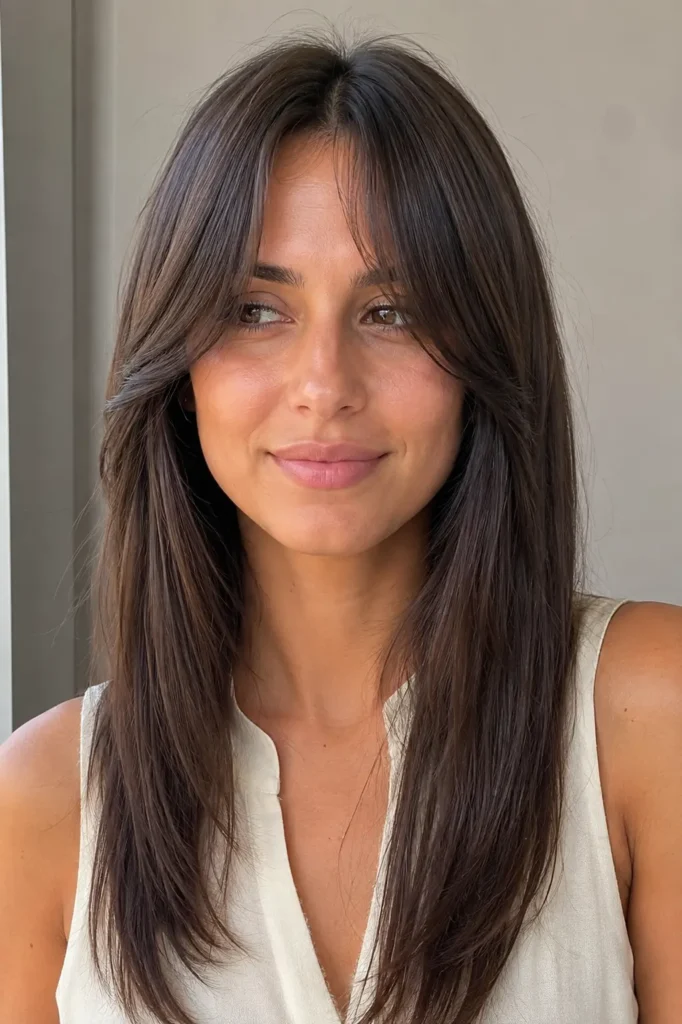 Long straight hair with soft center-parted curtain bangs