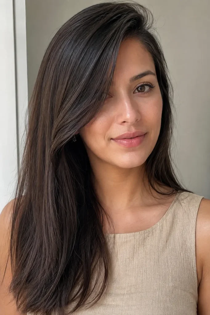 Long sleek straight hair with a dramatic deep side sweep