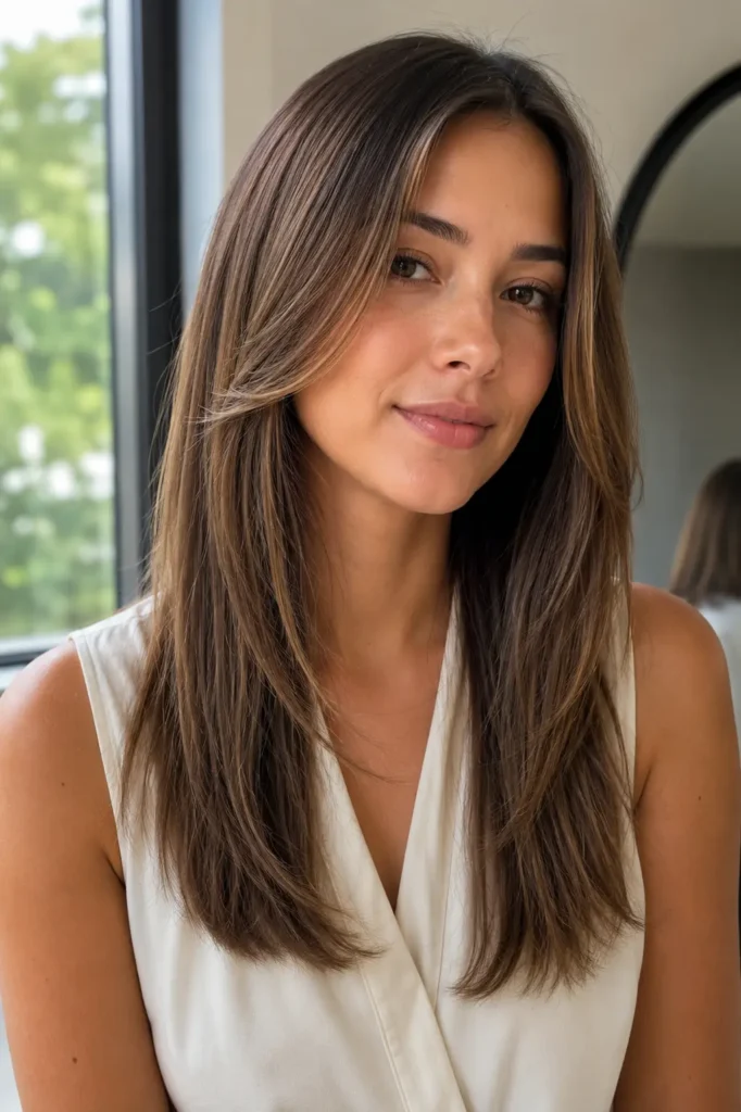 Straight hair with sleek face-framing layers around the cheeks