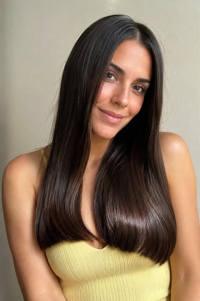 Long straight hair with smooth glossy ends and a sleek finish