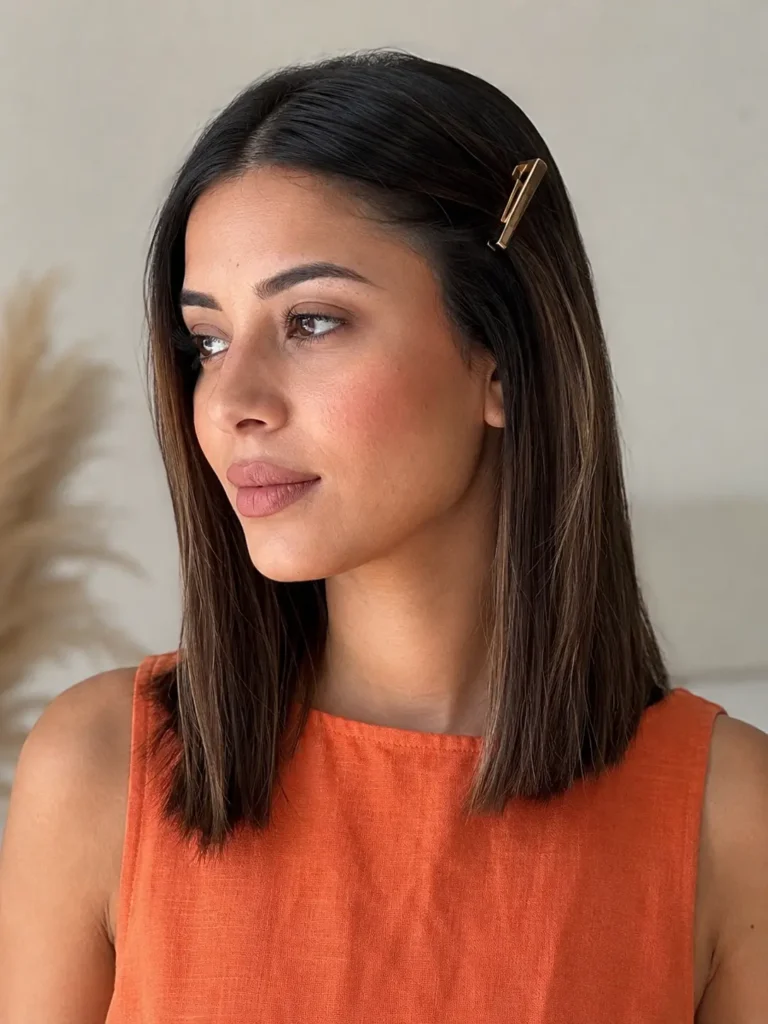 Sleek straight shoulder-length hair styled with a minimalist hair clip
