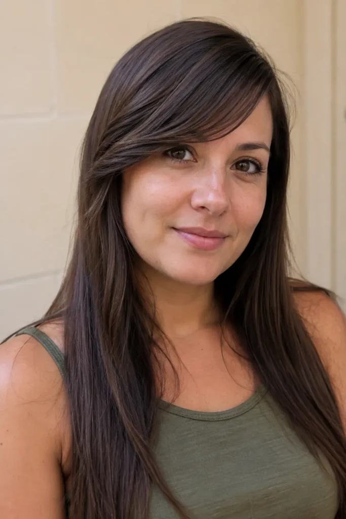 Long straight hairstyle with elegant side-swept bangs