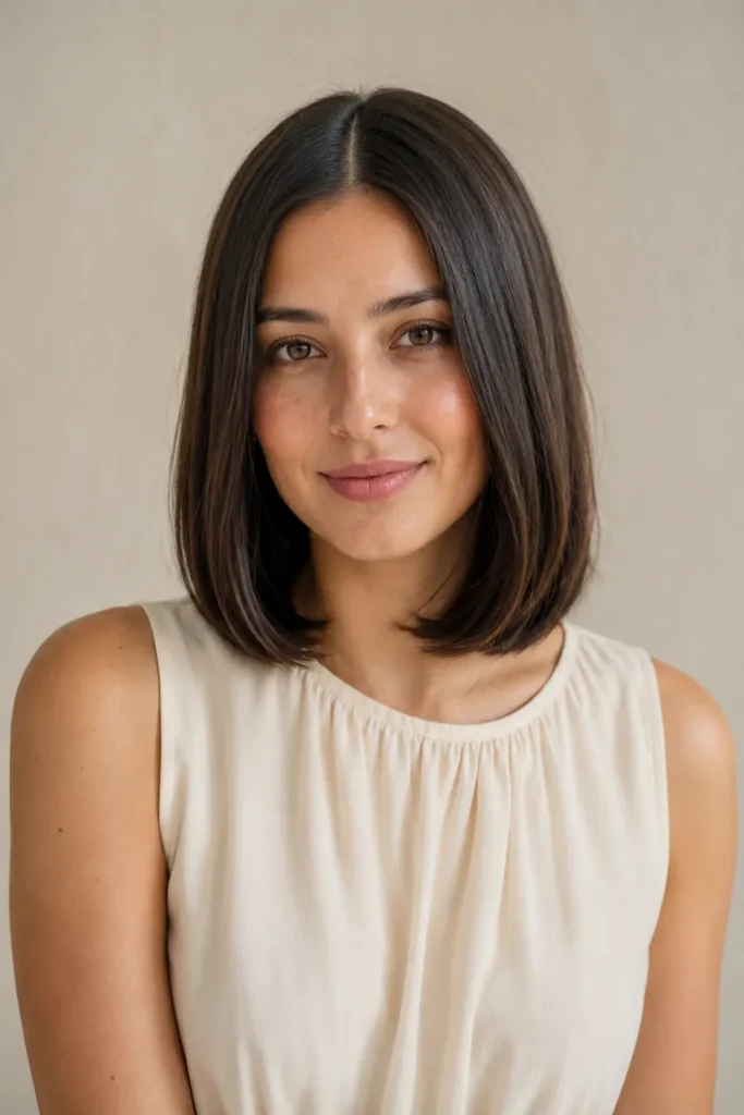 Straight shoulder-length hair with a middle part and tucked ends
