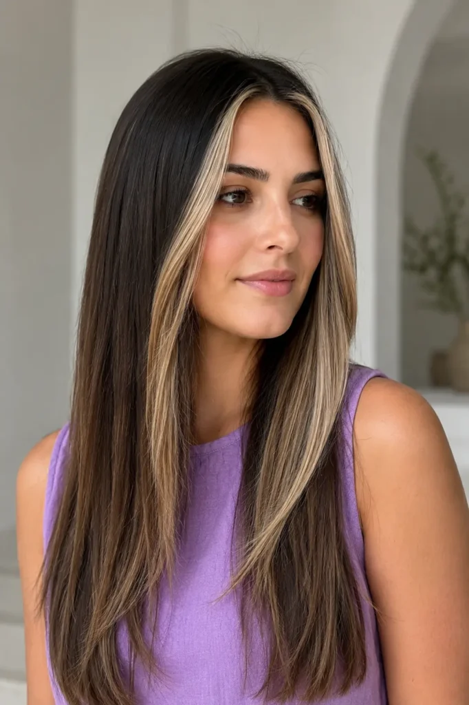 Long straight hair with subtle face-framing money-piece highlights