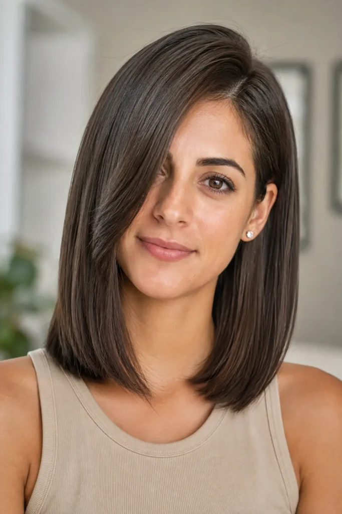 Sleek straight medium-length hair with a deep side part