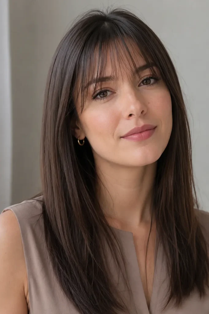  Sleek long straight hair with light wispy bangs