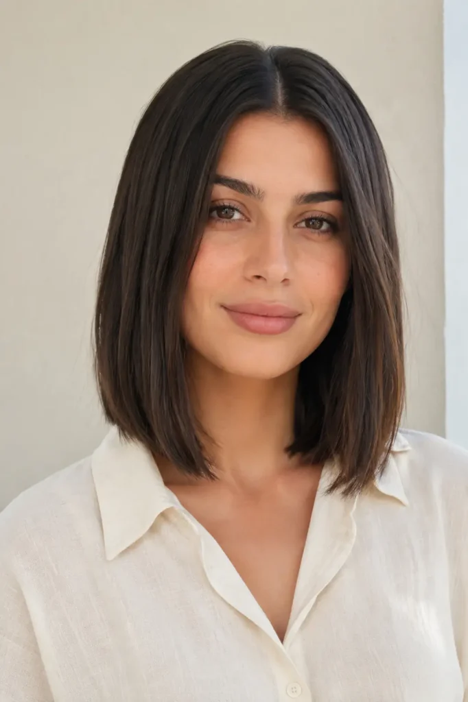 Straight shoulder-length lob with a clean middle part