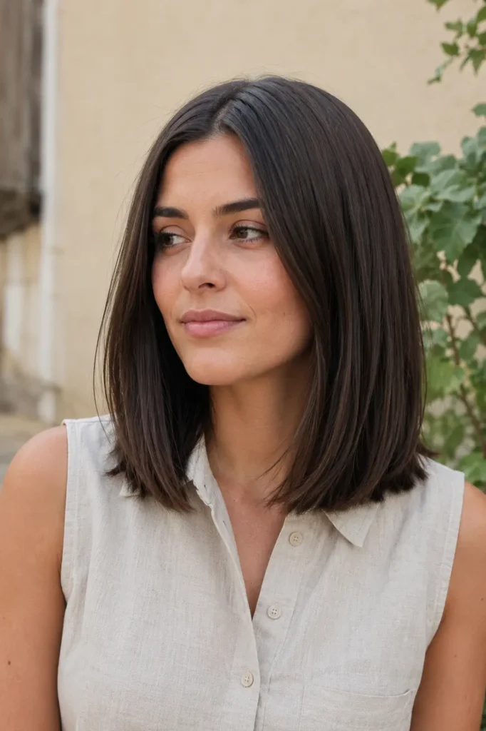 Sleek shoulder-length straight hairstyle with blunt ends