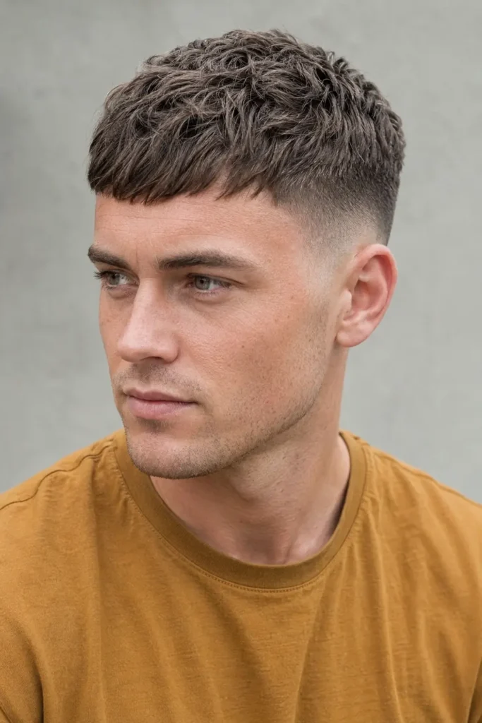 Modern taper fade French crop on a young white man, featuring short textured hair combed forward with a subtly irregular fringe and a clean gradual taper around the temples, ears, and neckline, photographed in natural daylight.