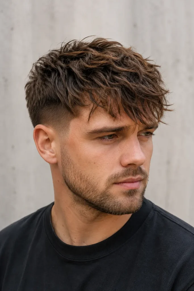 adult white man in his late 20s with a taper fade and messy textured fringe, featuring tousled forward-falling hair with separated strands, clean tapered sides and neckline, natural skin texture, three-quarter front view, soft daylight, and a neutral background.