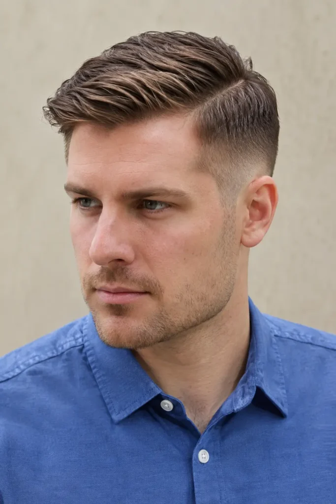 white man around 30 with a classic taper fade and neatly styled side-part haircut, wearing a blue shirt against a neutral background.