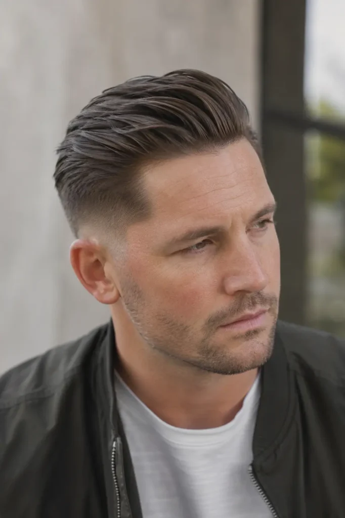 man in his early 30s with a taper fade and naturally slicked-back medium-length hair, visible hair texture, realistic skin detail, three-quarter front view, close upper-body portrait, soft daylight, and a neutral background.