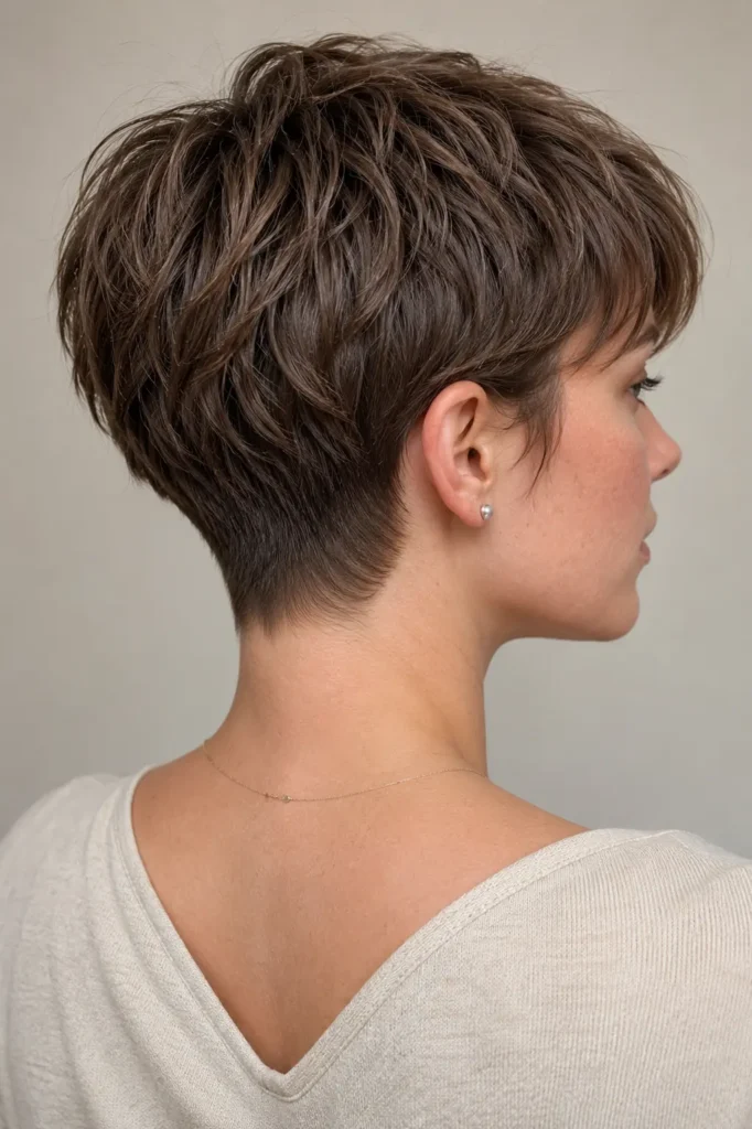 white woman with a refined tapered short ash-brown haircut, neatly tapered sides and nape, and a slightly longer textured crown, shown from a three-quarter rear-side angle in a cream autumn top.