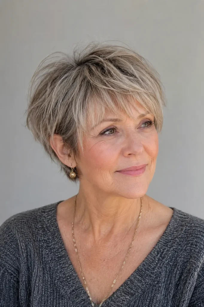 a mature white woman in her early 60s with a textured chin-length crop for thin hair, subtle crown layers, separated ends, natural root lift, and a fuller-looking silhouette, shown in three-quarter view against a neutral background.