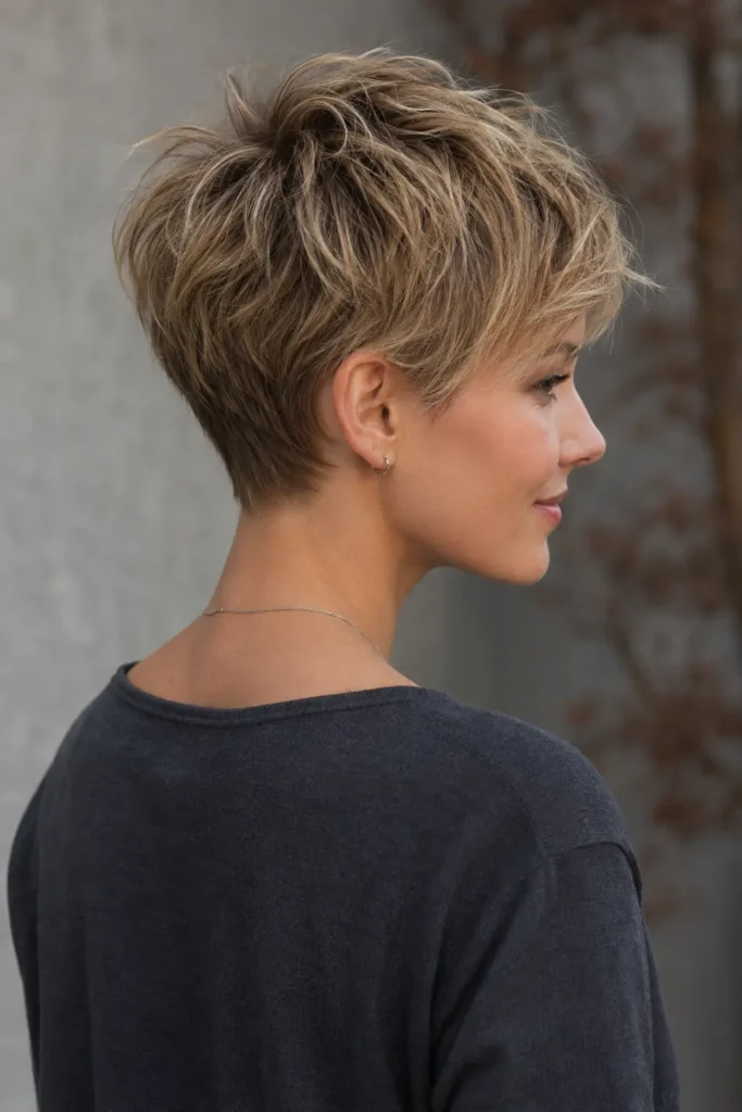 white woman in her late 20s with a soft blonde textured pixie haircut, tapered sides and back, piecey tousled crown, and side-swept fringe, shown from a three-quarter rear-side angle in a charcoal top.