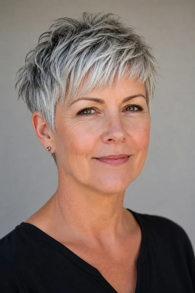 Mature woman with a choppy silver-gray pixie haircut, short textured micro bangs, tapered sides, and layered crown.
