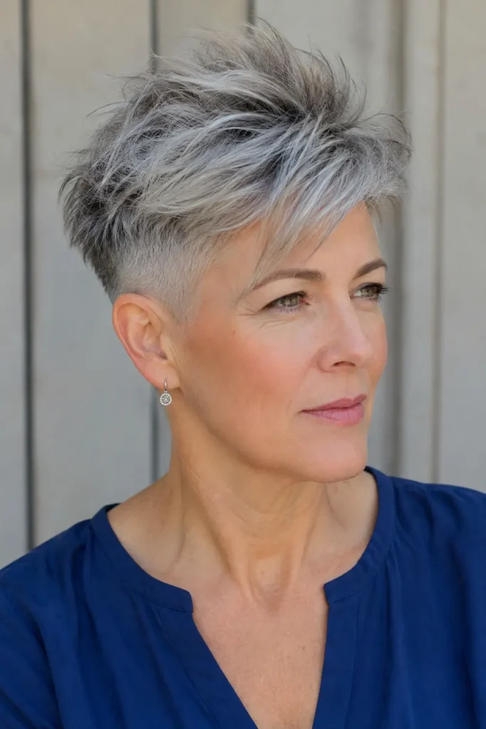 a mature white woman with a silver-gray undercut-inspired choppy pixie haircut, tapered sides and textured crown, wearing a blue top in natural daylight.