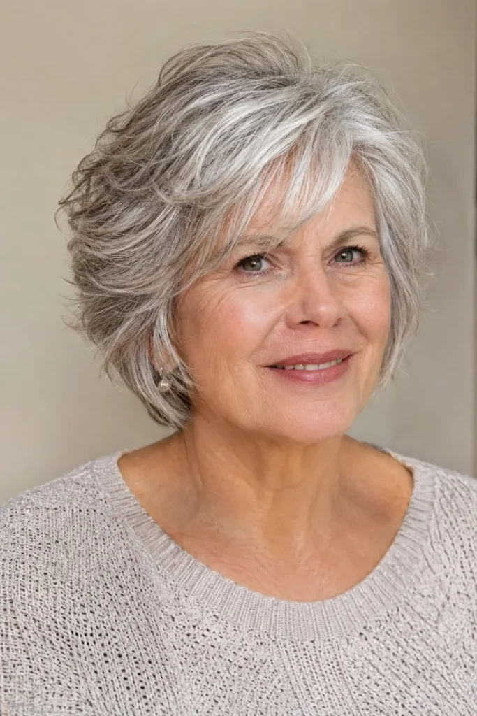 woman in her mid-60s with a textured silver layered bob, airy crown, softly separated layers, and naturally blended silver, gray, and white strands, shown in a three-quarter front view against a simple neutral background.