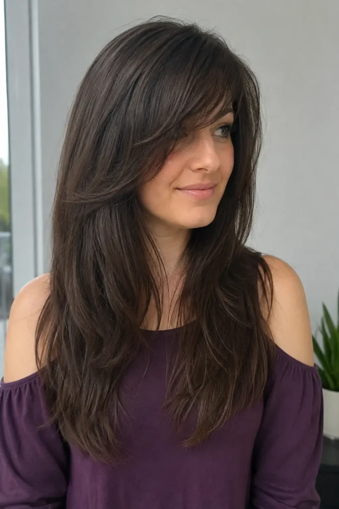 Young white woman with thick dark brown hair, long dramatic side-swept bangs, softly layered lengths, and a purple cold-shoulder top, shown in a three-quarter front view.
