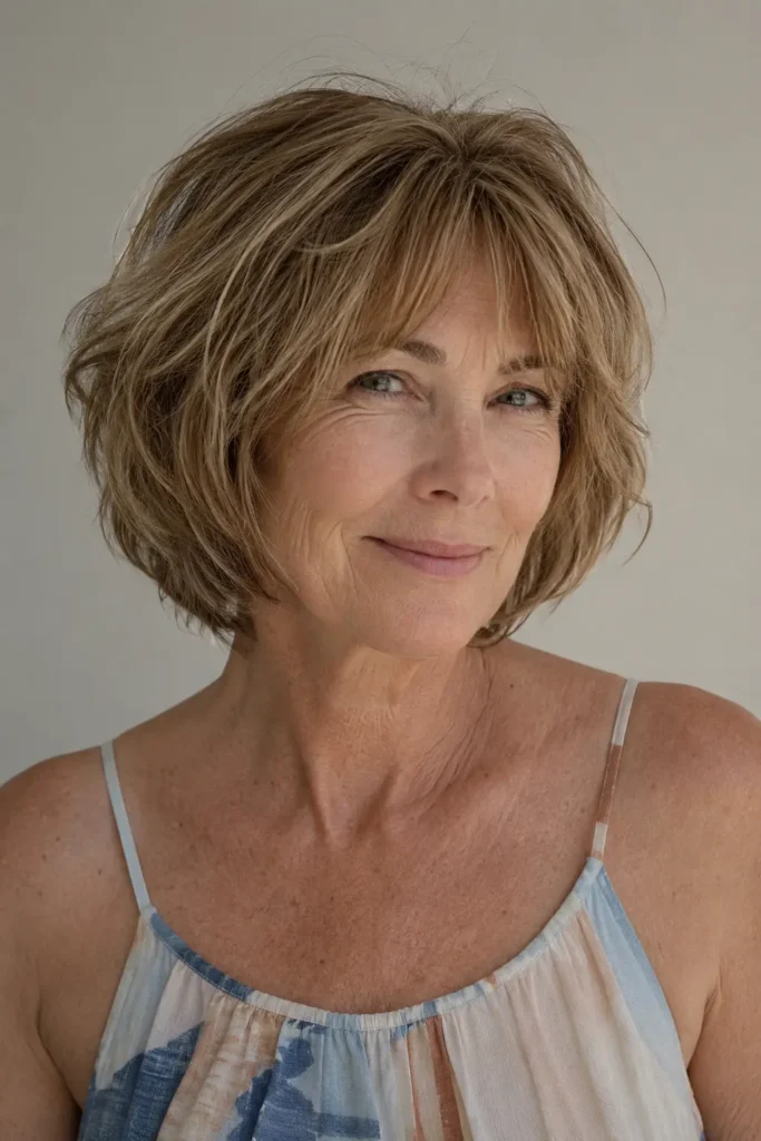 Mature white woman in her late 50s with a tousled layered bob for thin hair, airy crown, soft layers, and fuller-looking ends, photographed in natural daylight against a neutral background.