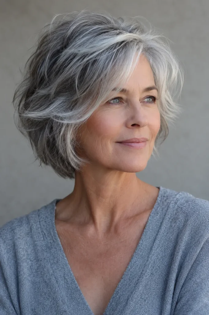 a 61-year-old white woman with a tousled layered silver-gray bob, airy crown, separated layers, naturally lifted ends, and softly textured volume, shown in a three-quarter front view with natural mature skin texture and daylight.