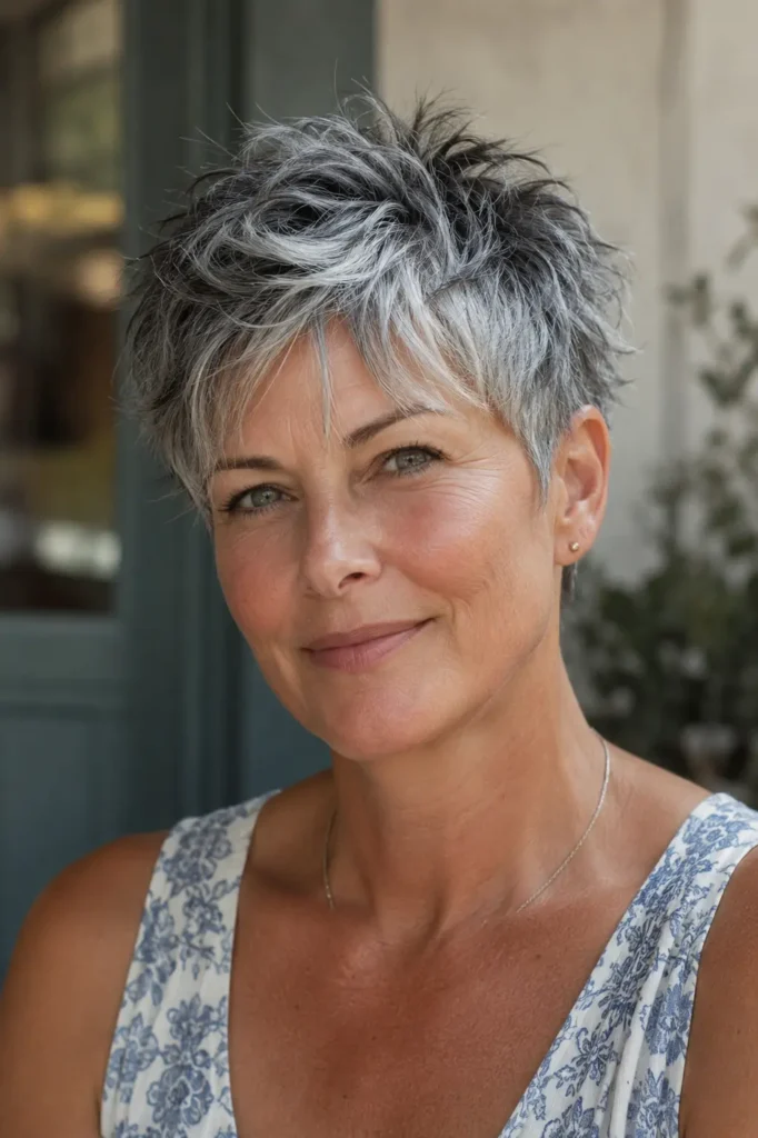 woman over 50 with a tousled salt-and-pepper choppy pixie haircut, featuring textured layers, tapered sides, and natural silver strands in soft daylight.