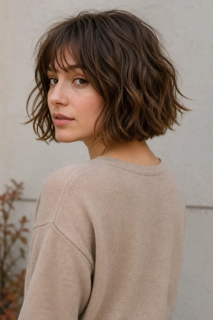 white woman in her late 20s with medium brunette tousled short bob, soft loose waves, and airy wispy fringe, shown from a three-quarter rear-side angle in a muted beige fall top.