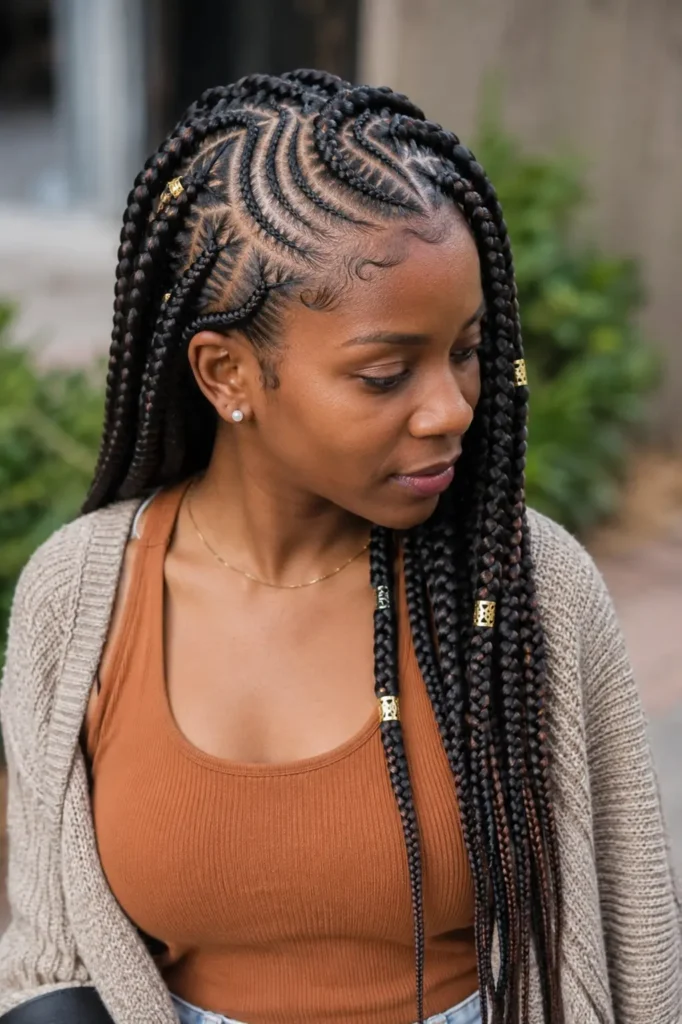 Black woman wearing tribal-inspired lemonade braids with mixed braid sizes, intricate feed-in cornrow patterns, gold braid cuffs, and laid baby hairs in a natural outdoor setting, with the hairstyle as the main focus.