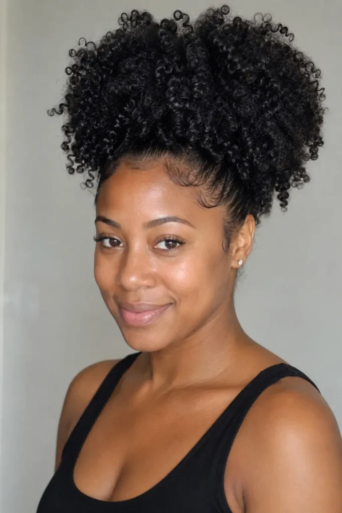 everyday Black woman with a large natural curly puff ponytail, defined moisturized Type 4 curls, laid baby hairs, and a warm smile against a neutral background, with the hairstyle's texture and volume as the main focus.
