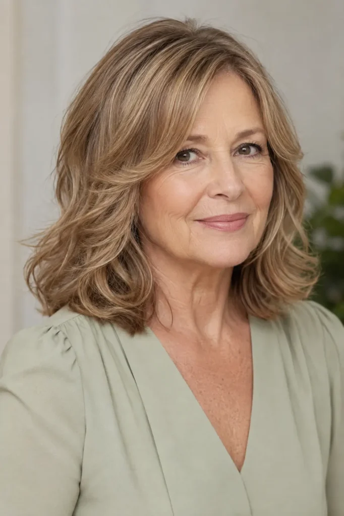 woman around 60 with a shoulder-length layered lob for thin hair, featuring soft crown layers, full-looking ends, subtle face-framing pieces, and gentle waves, shown in natural daylight.