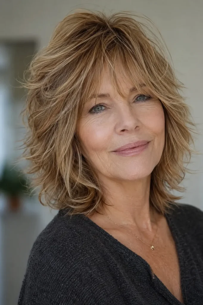 a white woman in her early 60s with a voluminous layered shag bob for thin hair, featuring a lifted crown, soft textured sides, face-framing layers, and fuller-looking ends, shown in natural daylight against a neutral background.