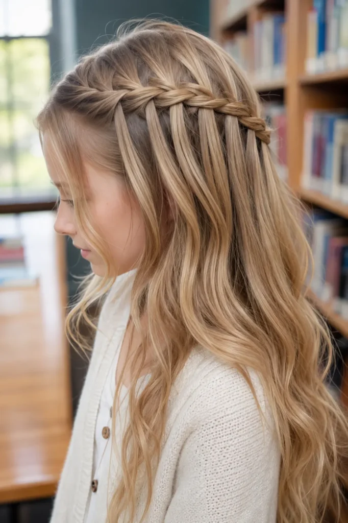 a young white girl with a detailed waterfall braid woven through long blonde hair, wearing an ivory cardigan in a softly blurred school library with warm natural window light.