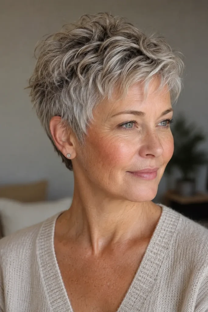 woman over 50 with a wavy, choppy silver-gray pixie haircut featuring soft crown waves, tapered sides and nape, and textured piecey ends, shown in a close three-quarter portrait with natural skin texture and daylight.