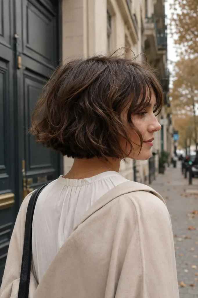 white woman with a short, wavy medium-brown French bob and wispy fringe, viewed from a three-quarter rear-side angle on an autumn city street. She wears a cream blouse and lightweight coat in soft overcast daylight.