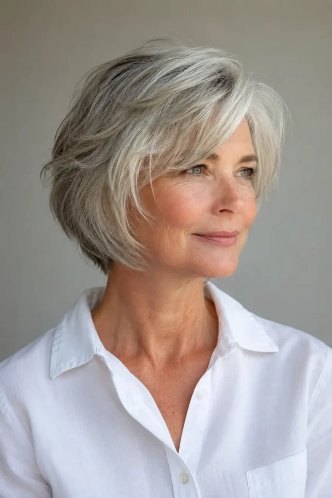 a 62-year-old white woman with a wispy layered silver-gray bob, airy feathered layers, soft crown volume, and delicately textured ends, wearing a white shirt.