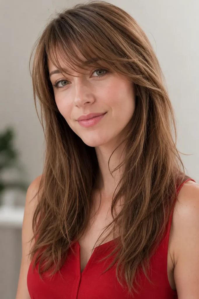 white woman in her late 20s with long light brown hair, delicate wispy side-swept bangs, feather-light tapered fringe, and soft face-framing layers, wearing a red sleeveless top against a neutral background.