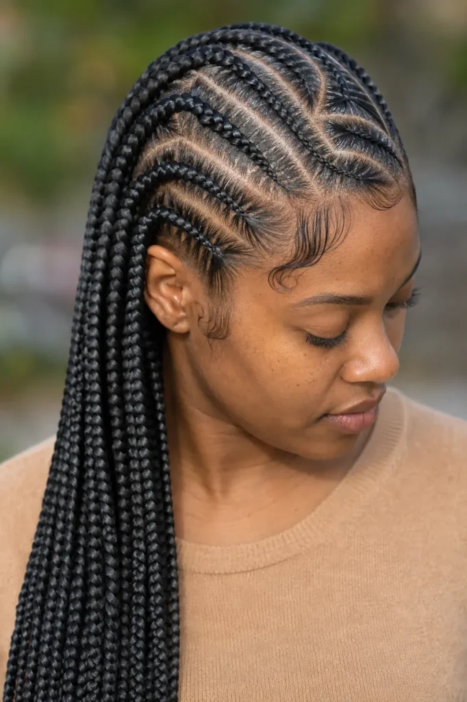 Black woman with zigzag part lemonade braids and sleek side-swept feed-in cornrows, wearing a tan sweater in a natural outdoor portrait with realistic braid texture and laid baby hairs.