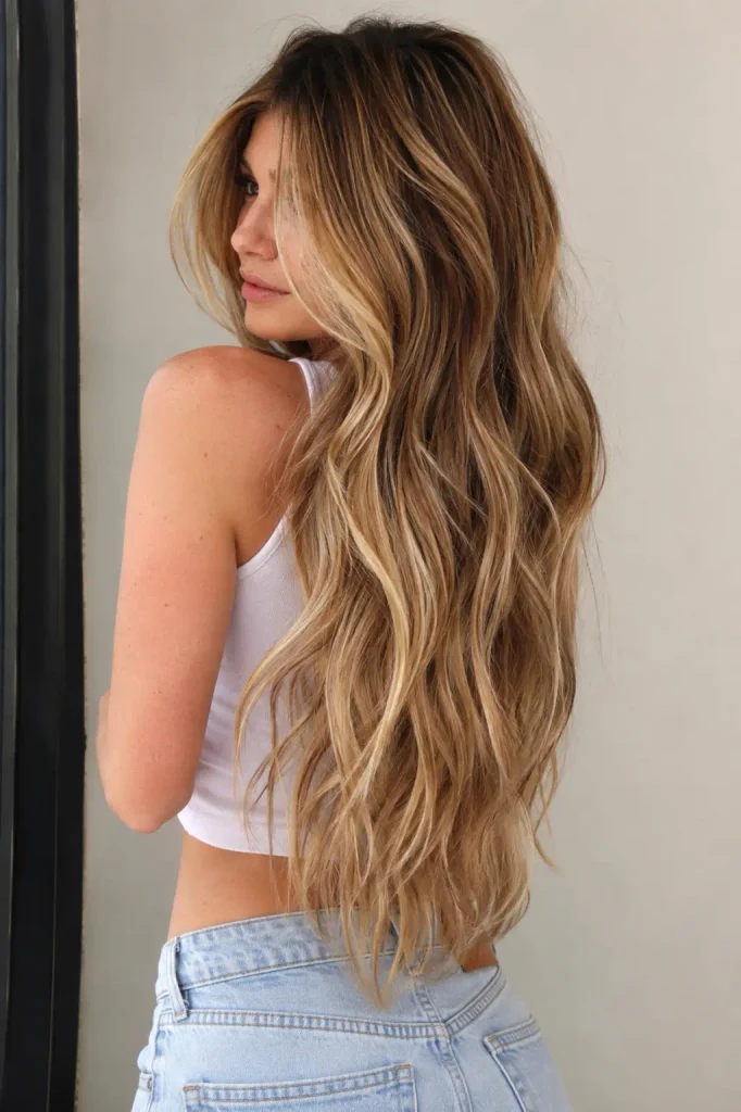 Extremely long honey blonde balayage hair with warm golden and subtle caramel tones styled in flowing layered waves on a young white woman, shown from a three-quarter rear view.