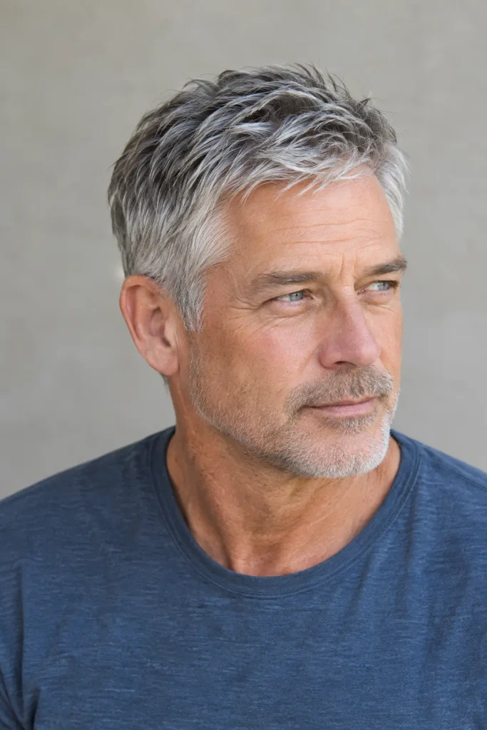 Older white man with short layered silver and salt-and-pepper hair, textured top, tapered sides, and natural mature features in a blue casual shirt.